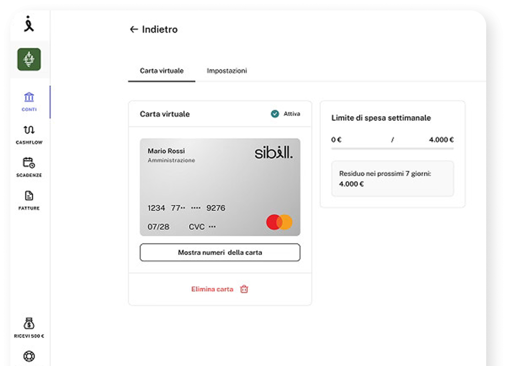Demo piattaforma Sibill con all'interno una carta virtuale